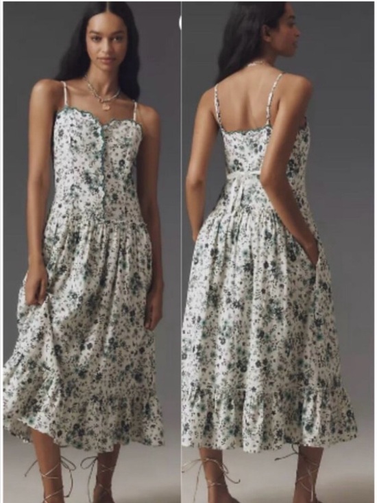 Anthropologie Dresses & Skirts - NWT Anthropologie Linen Cotton Drop Waist Midi Floral Adjustable Strap Dress